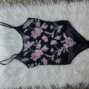 Black Print Embroided Flowers Thong Bodysuit